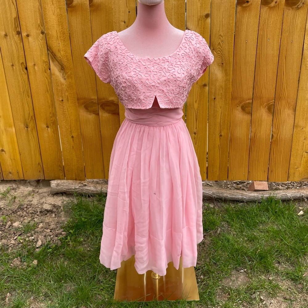 Jr Theme Pink “Illusion” Party Dress with Soutache Detail 50s 60s vintage